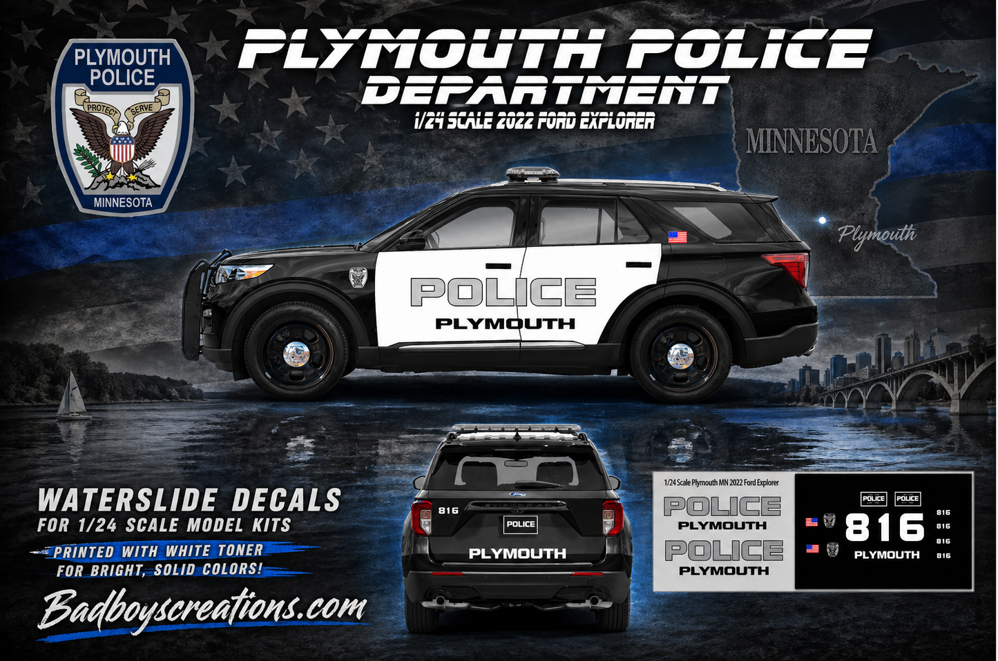 1/24 Plymouth Minnesota Police 2022 Ford Explorer Waterslide Decals β White Toner Printed β Highly Detailed Custom Graphics (Fits 1/24 Scale)