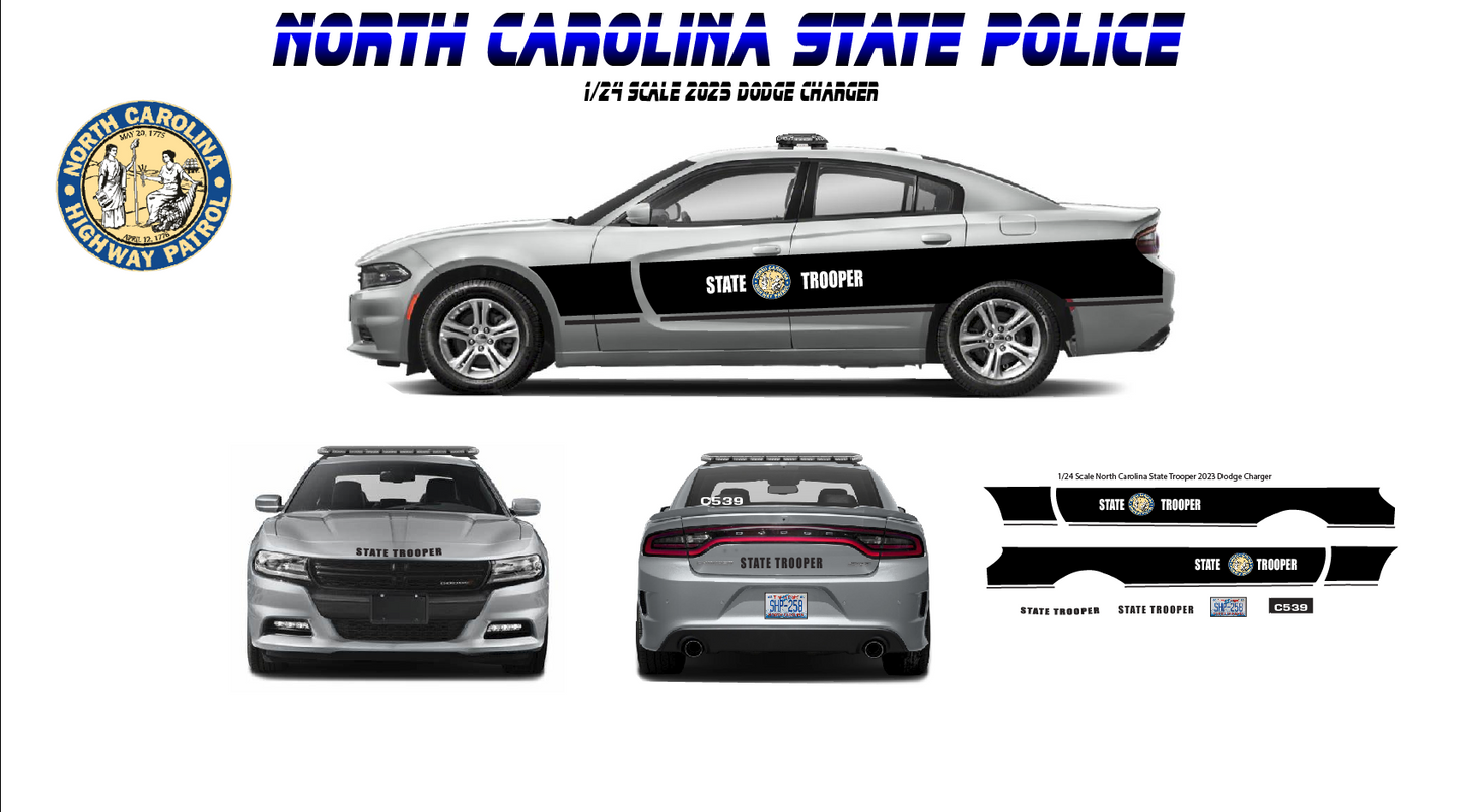 1/24 Scale 2023 Dodge Charger North Carolina State Police Waterslide Decals ā White Toner Printed ā Fits 1/24 Charger Models