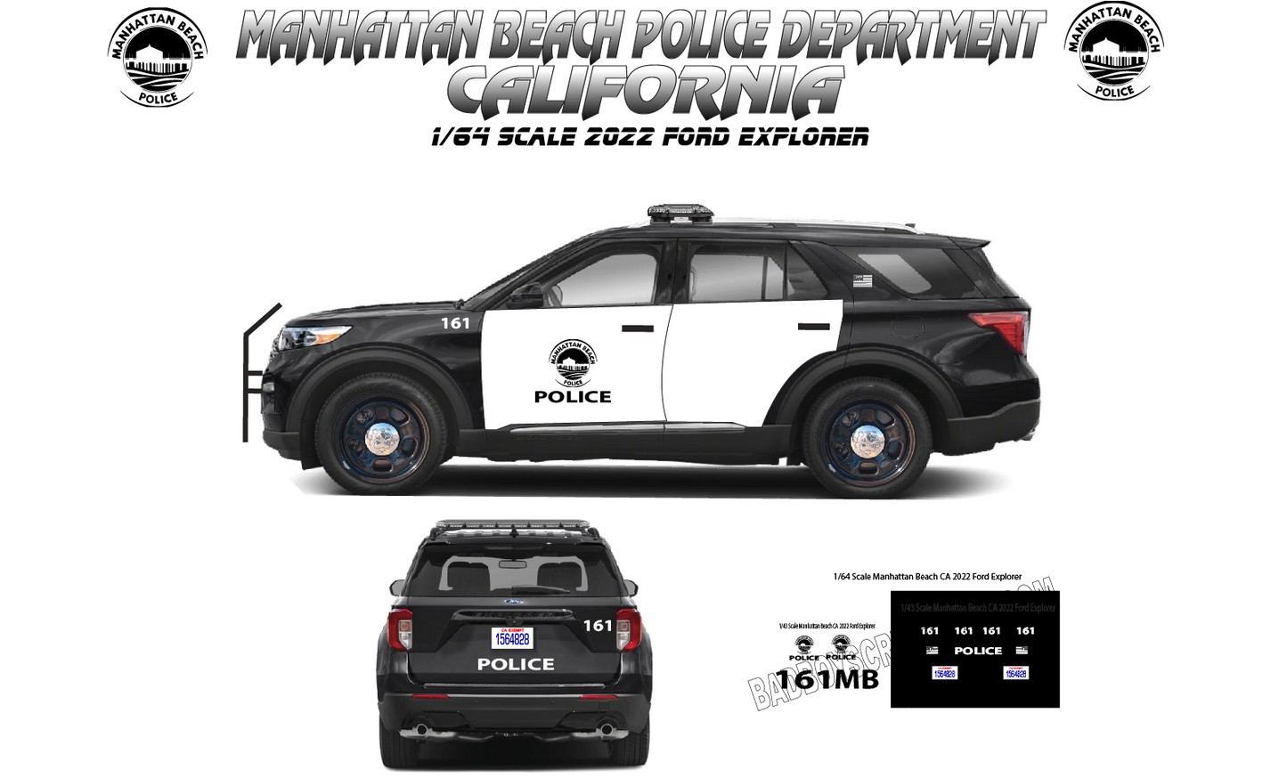 1/64 Scale Manhattan Beach Police California 2022 Ford Explorer Waterslide Decals | Laser Printed | 8-10 Sets Included | Model Car Decals