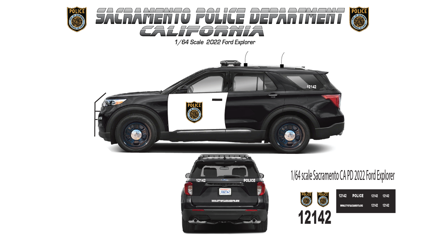 1/64 Scale Sacramento Police California 2022 Ford Explorer Waterslide Decals | Laser Printed | 8-10 Sets Included