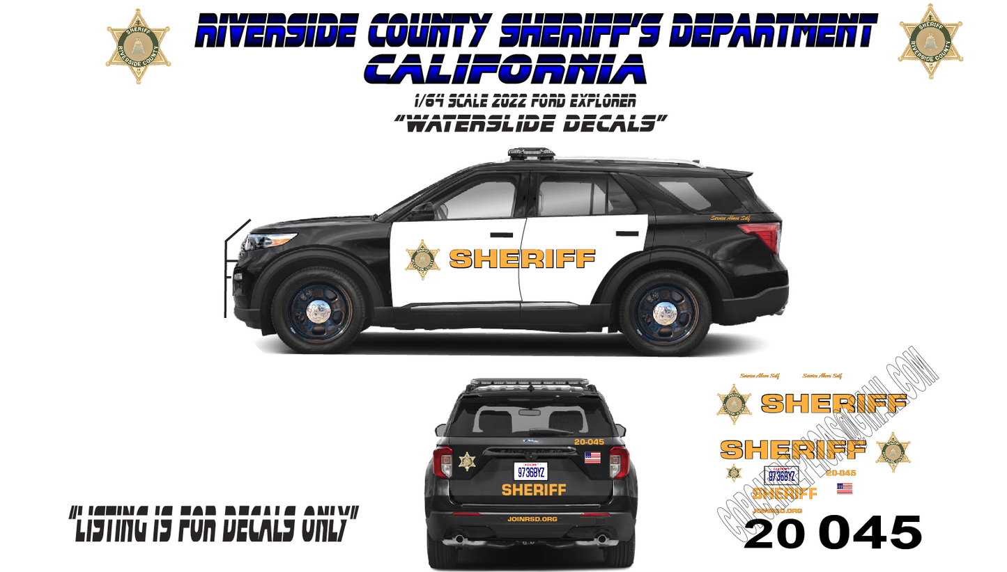 1/64 Scale Riverside County Sheriff California 2022 Ford Explorer Waterslide Decals | Diecast Model Decals | 8-10 Sets Included