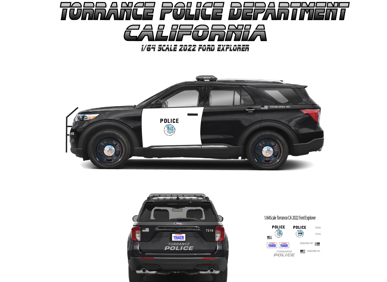1/64 Scale Torrance Police Department California 2022 Ford Explorer Waterslide Decals | Laser Printed | 8-10 Sets Included