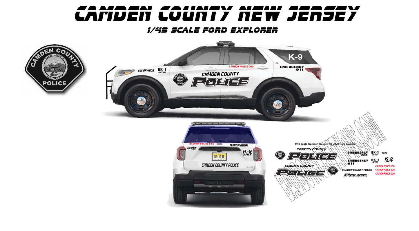 1/43 Scale Camden County, New Jersey Police 2022 Ford Explorer Waterslide Decals – Approx. 8 Sets Included