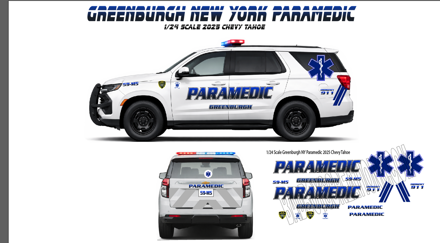 1/24 Scale Greenburgh New York Paramedic 2025 Chevy Tahoe Waterslide Decals – White Toner Printed – Approx. 4 Complete Sets | Badboys Creations