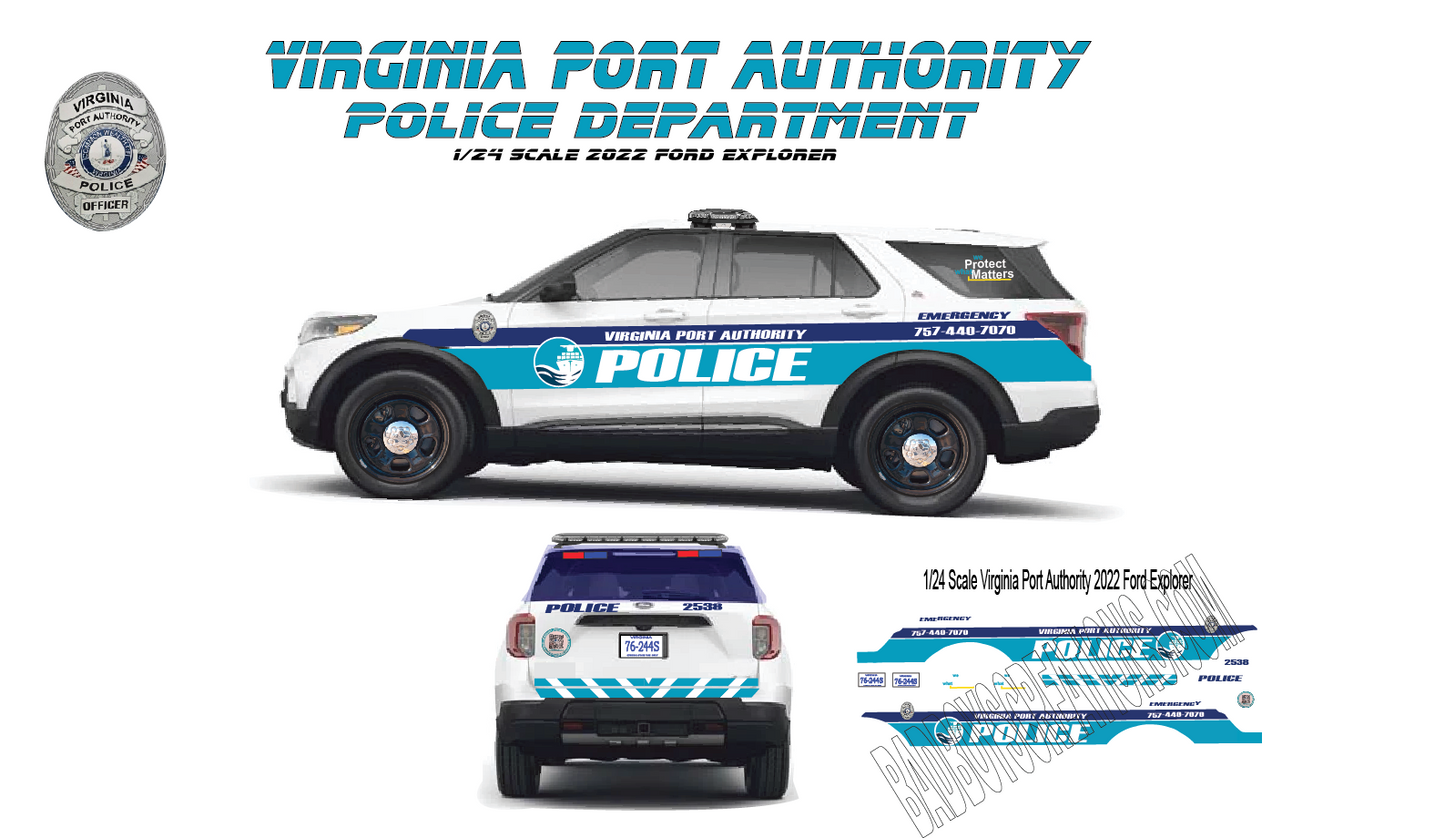 1/24 Scale Virginia Port Authority Police Waterslide Decals for 2022 Ford Explorer | Approx. 4 Complete Sets | White Toner Printed