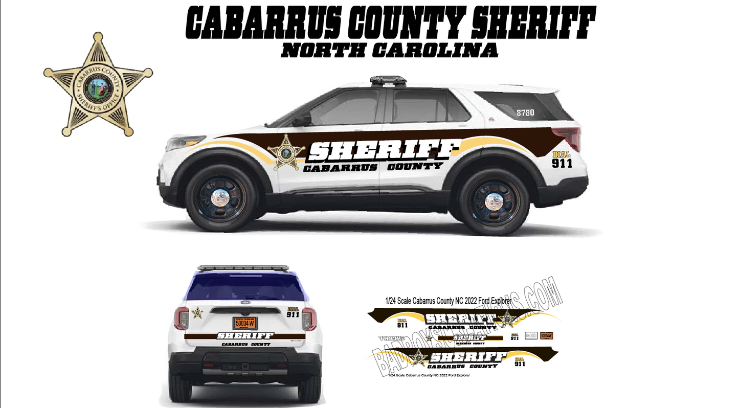 1/24 Scale Cabarrus County North Carolina Sheriff Waterslide Decals for 2022 Ford Explorer | 4 Complete Sets | Laser Printed
