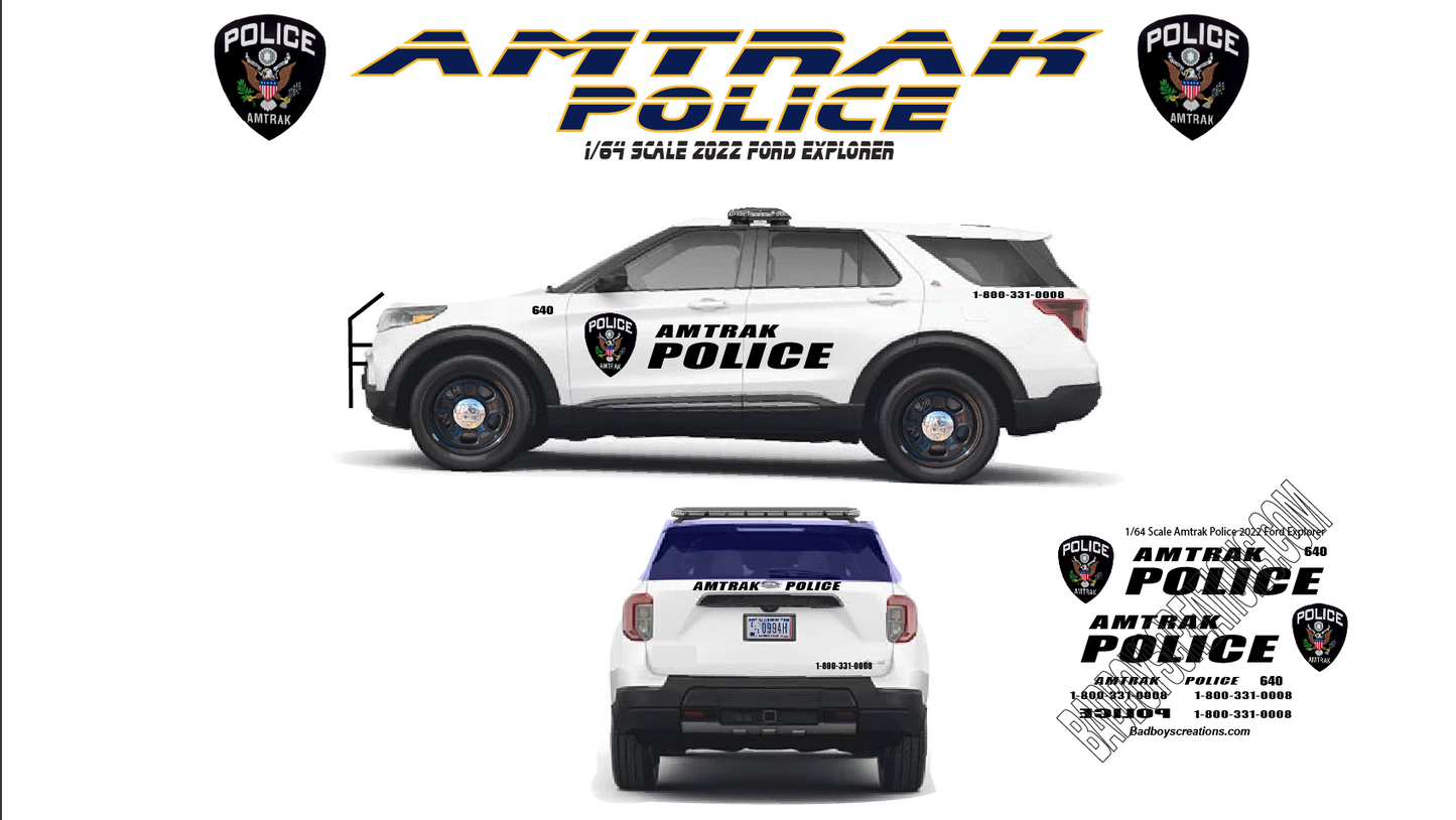 1/64 Scale Amtrak Police Waterslide Decals for 2022 Ford Explorer | Approx. 1-10 Sets Included | White Toner Printed