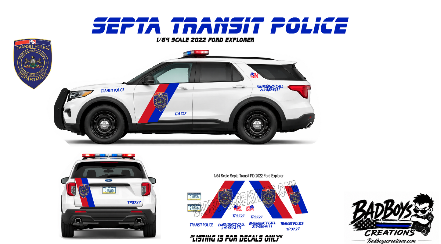 SEPTA Transit Police 2022 Ford Explorer Waterslide Decals – 1/64 Scale
