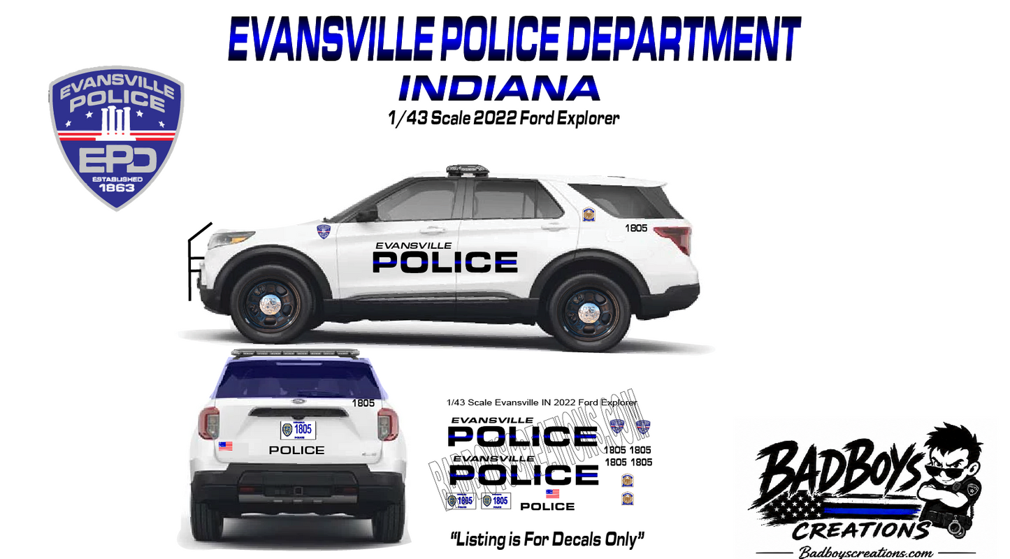 1/43 Scale Evansville Indiana Police Waterslide Decals for 2022 Ford Explorer
