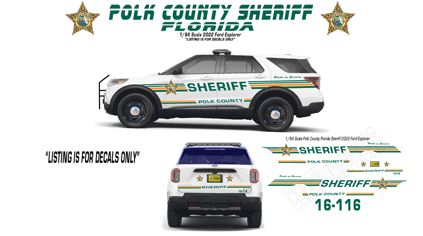 1/64 Scale Polk County Florida Sheriff Waterslide Decals for 2022 Ford Explorer