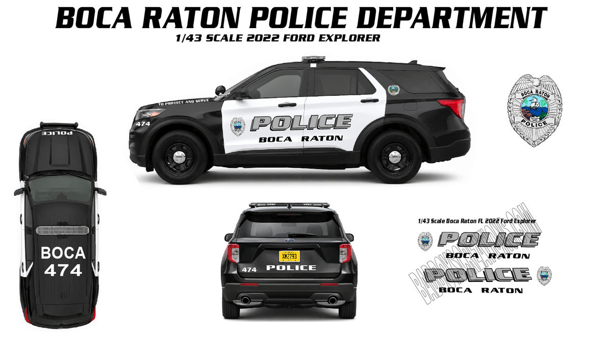 1/43 Scale Boca Raton Police Waterslide Decals – 2022 Ford Explorer Police Model