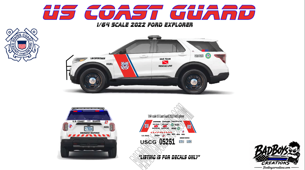 1/64 U.S. Coast Guard Law Enforcement Waterslide Decals – 2022 Ford Explorer