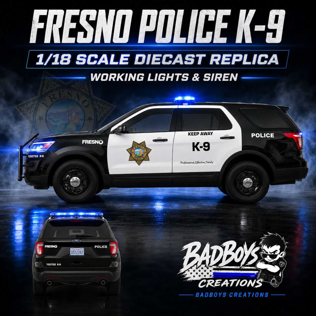 1/18 Scale Fresno California Police K9 Diecast Model Replica with Working Lights & Siren