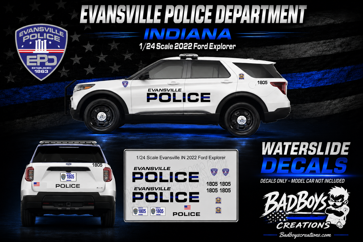 1/24 Scale Evansville Indiana Police Waterslide Decals for 2022 Ford Explorer