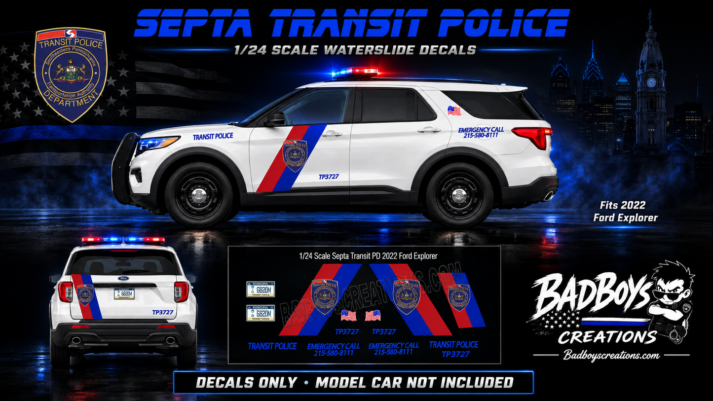 SEPTA Transit Police 2022 Ford Explorer Waterslide Decals – 1/24 Scale