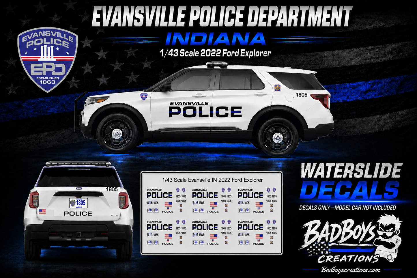 1/43 Scale Evansville Indiana Police Waterslide Decals for 2022 Ford Explorer