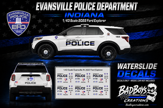 1/43 Scale Evansville Indiana Police Waterslide Decals for 2022 Ford Explorer