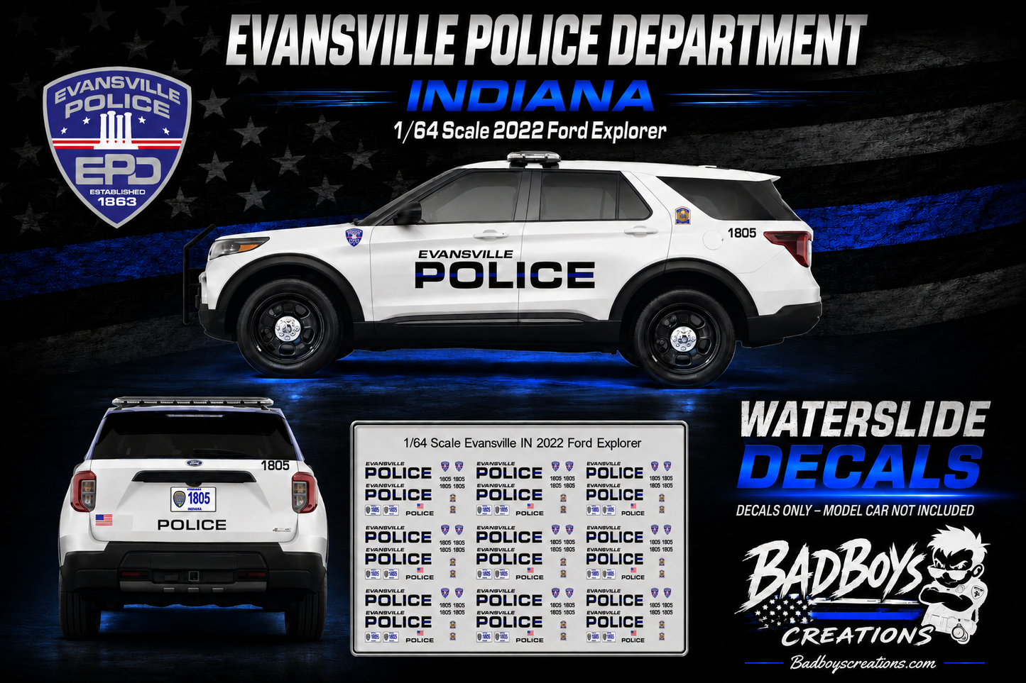 1/64 Scale Evansville Indiana Police Waterslide Decals for 2022 Ford Explorer