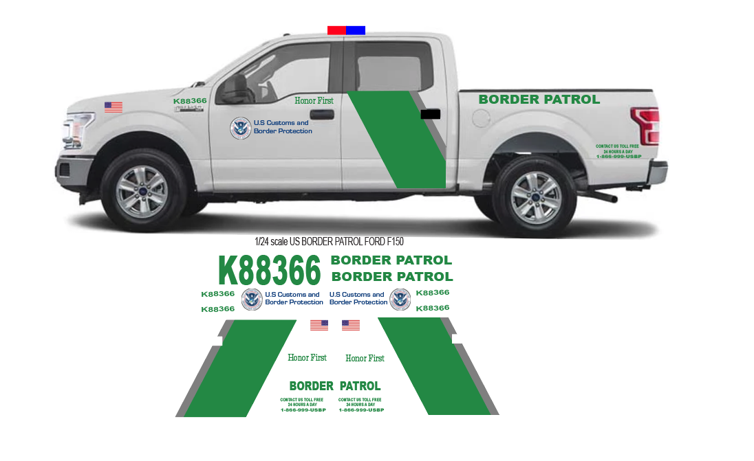 1/24 Scale US Border Patrol Waterslide Decals To Fit Motormax Ford F150