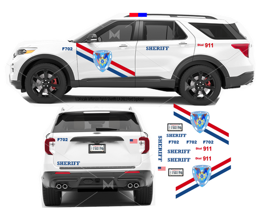 1/24 scale Jefferson Parish LA Sheriff waterslide decals for Motormax 2022 Ford Explorer