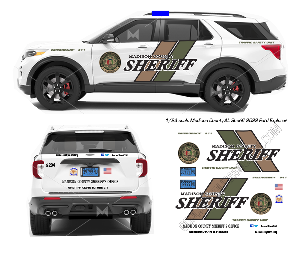 1/24 Scale Madison County Alabama Sheriff Dept Waterslide Decals To Fit Motormax 2022 Ford Explorer