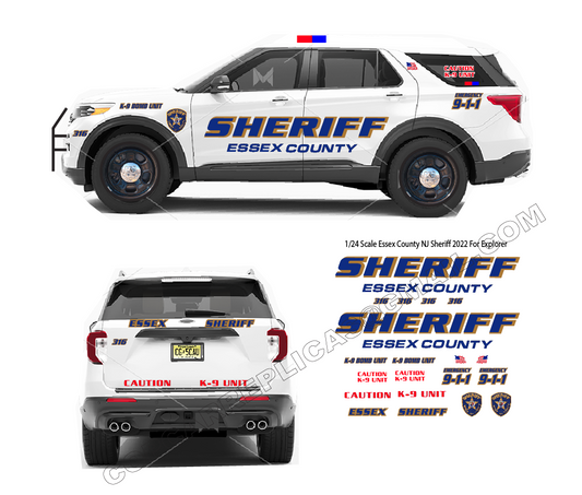 1/24 Scale Essex County NJ Sheriffs Dept Waterslide Decals Made to Fit 2022 Motormax Ford Explorer