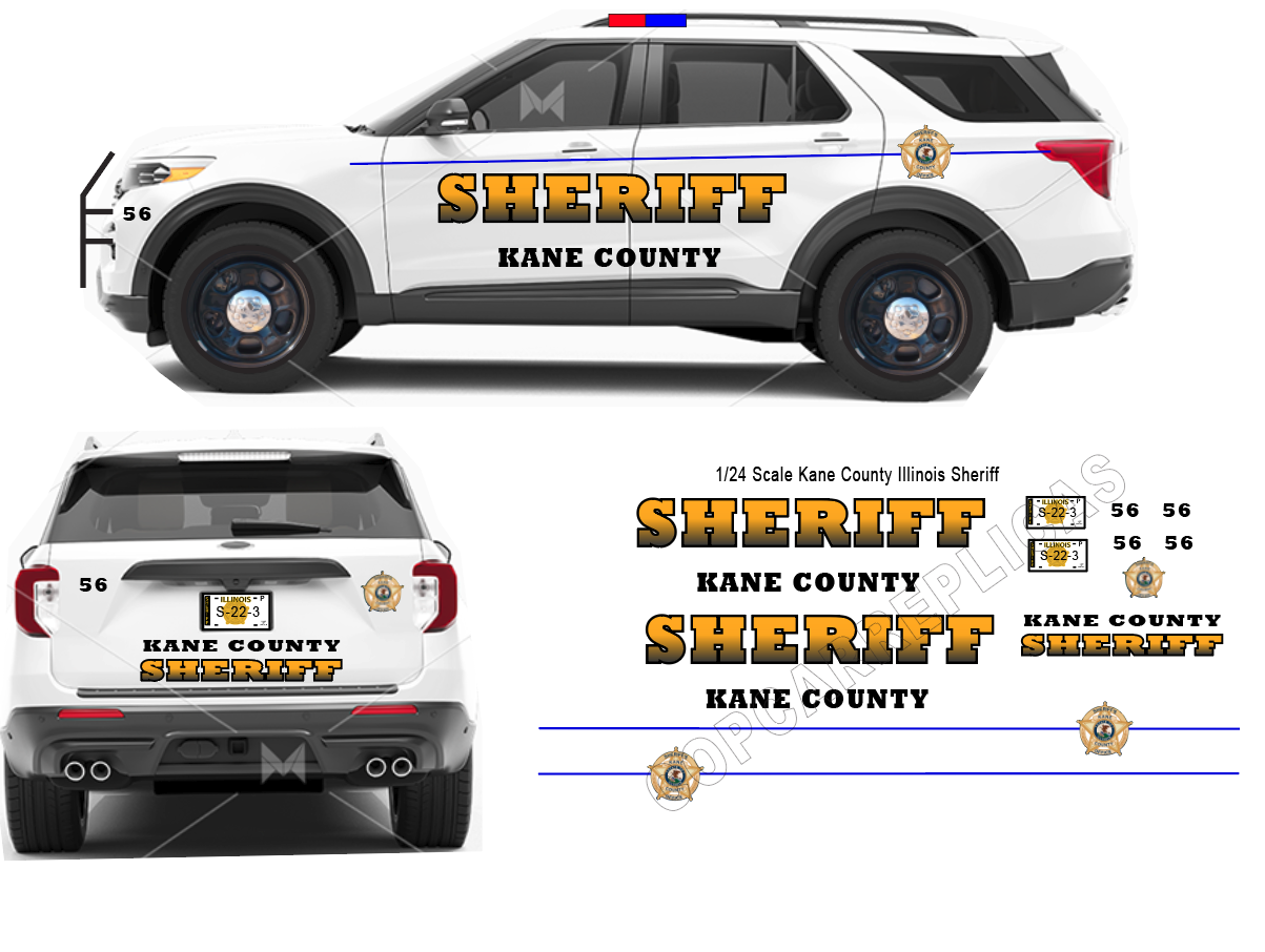 1/24 scale Kane County Illinois Sheriff Waterslide Decals To Fit 2022 Motormax Ford Explorer