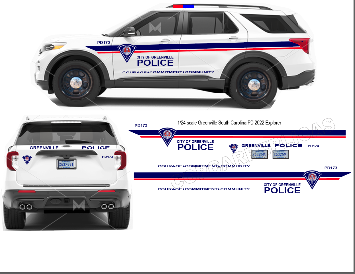 1/24 Scale City Of Greenville SC Police Waterslide Decals To Fit 2022 Motormax Ford Explorer