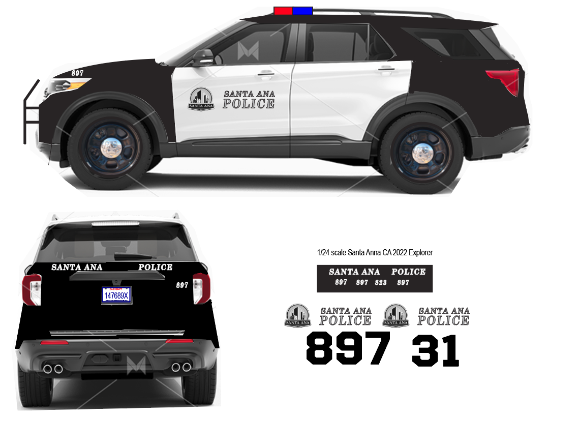 1/24 Scale Santa Ane Police Waterslide Decals TO Fit 2022 Motormax Ford Explorer