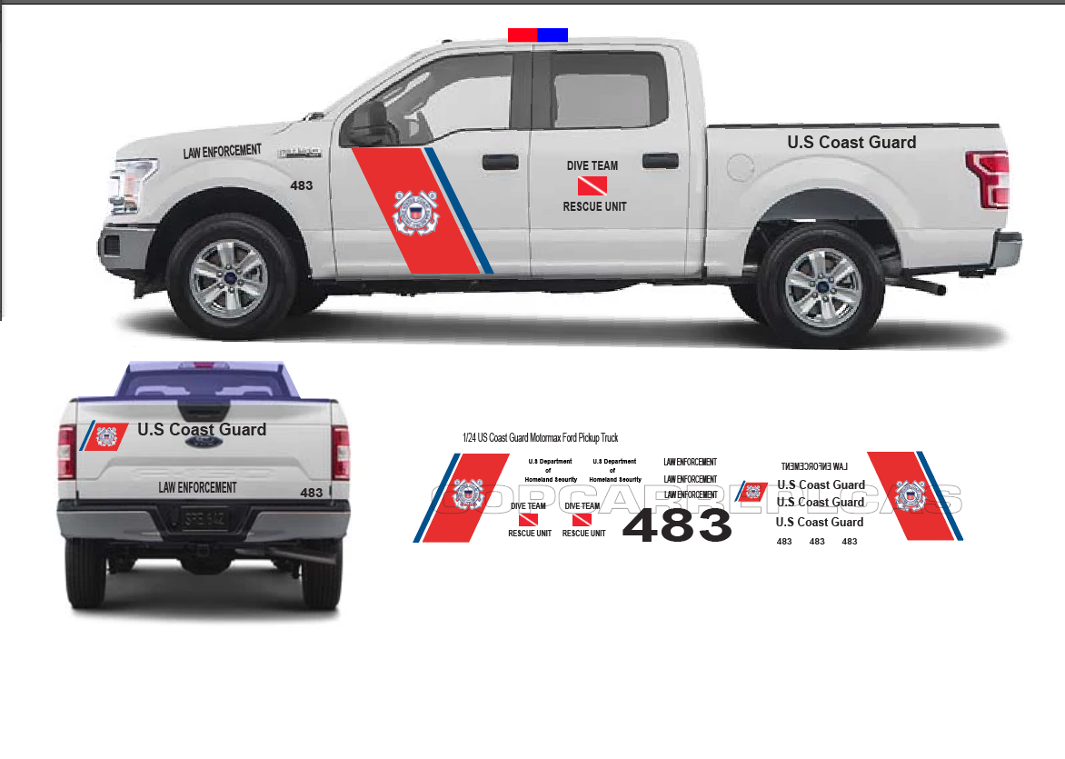 1/24 scale US Coast Guard Waterslide Decals to Fit Motormax Ford F150