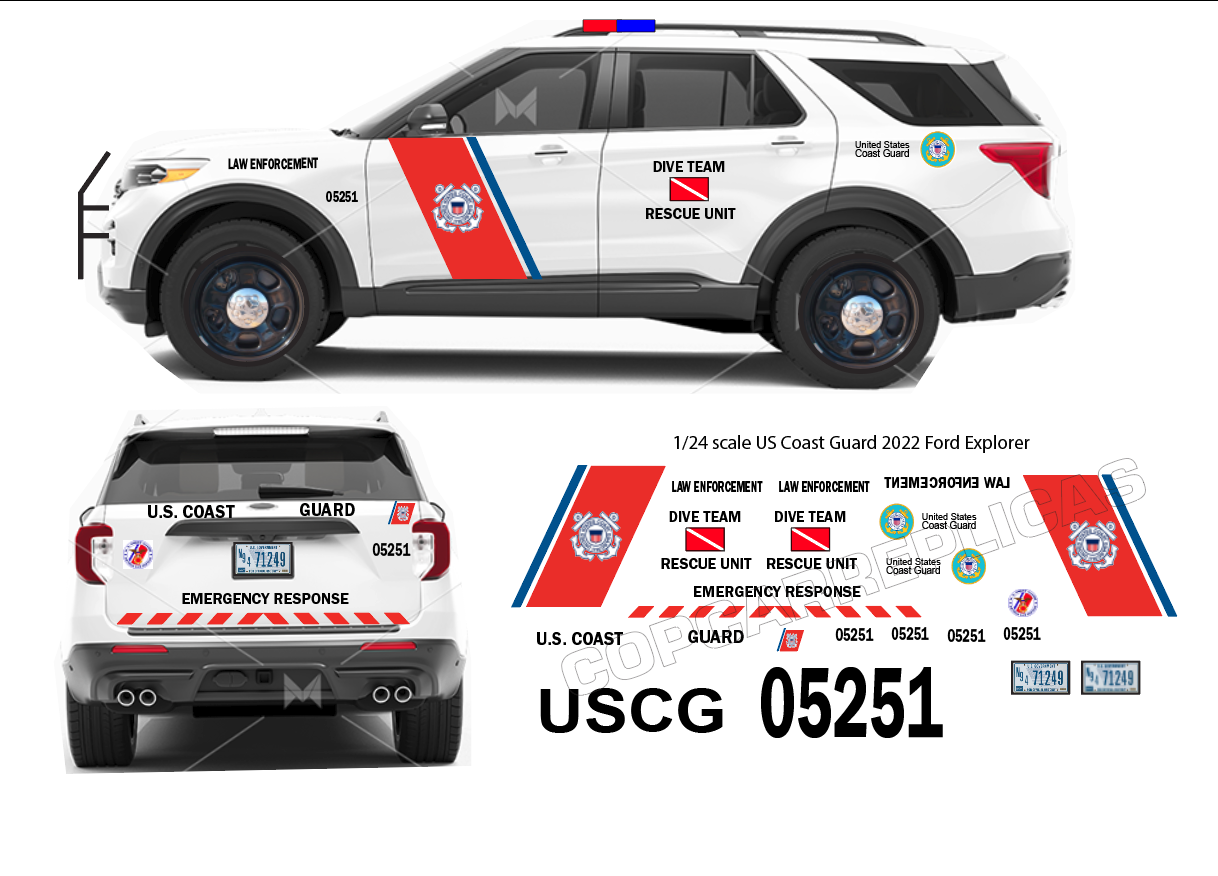 1/24 Scale US Coast Guard Waterslide Decals To Fit 2022 Motormax Ford Explorer