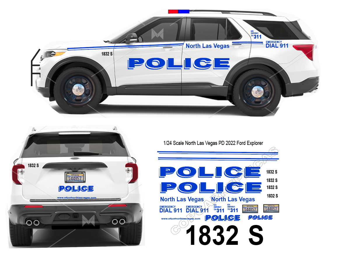 1/24 Scale North Las Vegas NV Police Waterslide decals to fit 2022 Motormax Ford Explorer