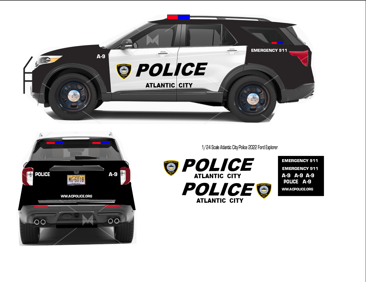 1/24 scale Atlantic City NJ Police Waterslide Decals to Fit 2022 Motormax Ford Explorer