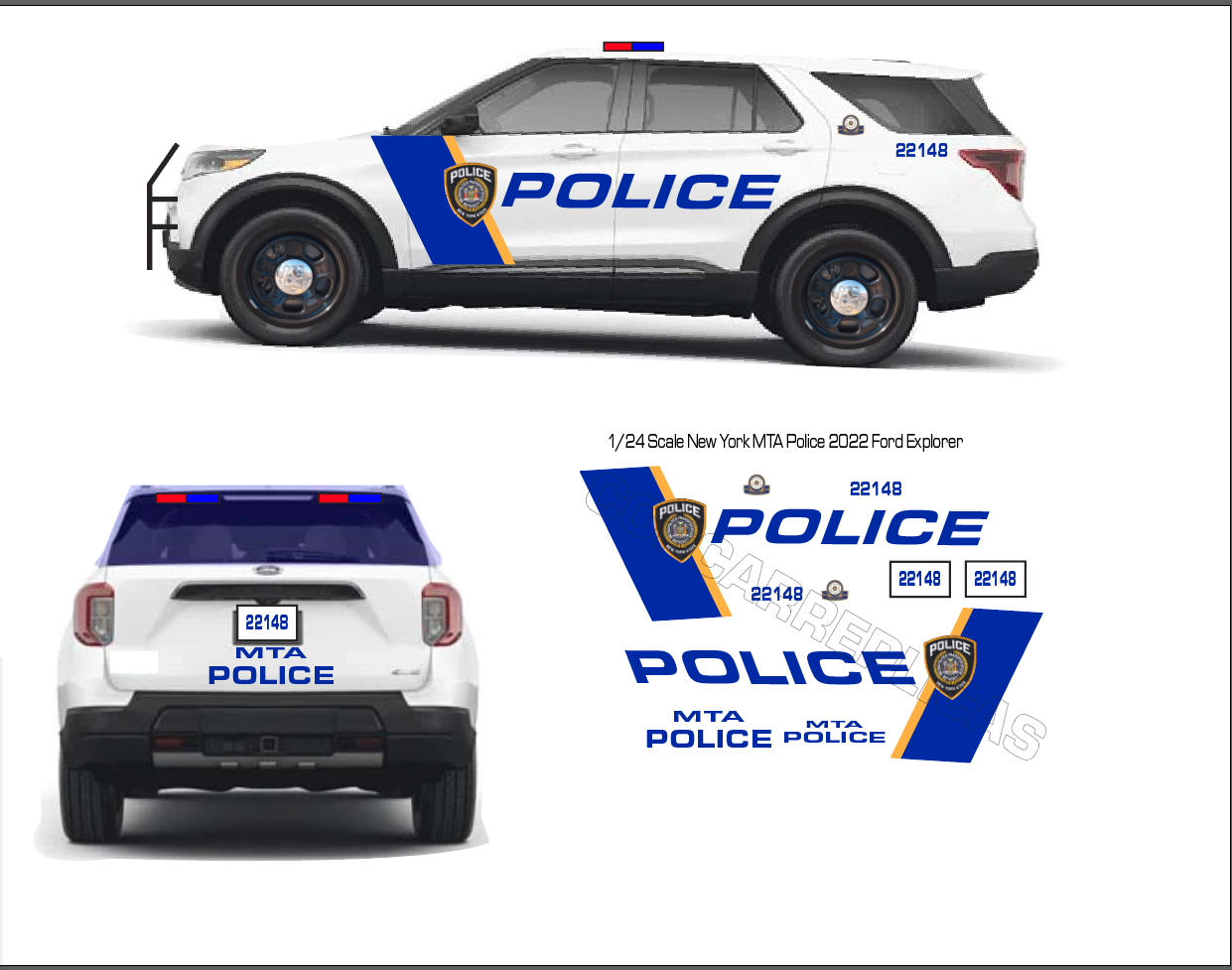 1/24 Scale NY MTA Police Waterslide Decals to Fit 2022 Motormax Ford E ...