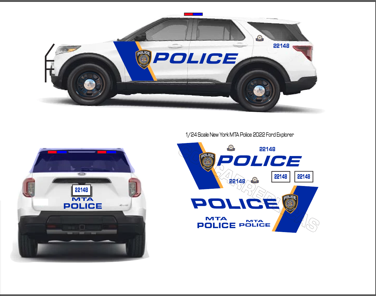 1/24 Scale NY MTA Police Waterslide Decals to Fit 2022 Motormax Ford Explorer