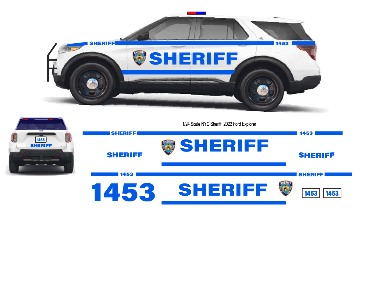 1/24 scale NYC Sheriff Waterslide Decals to fit 2022 Motormax Ford Explorer