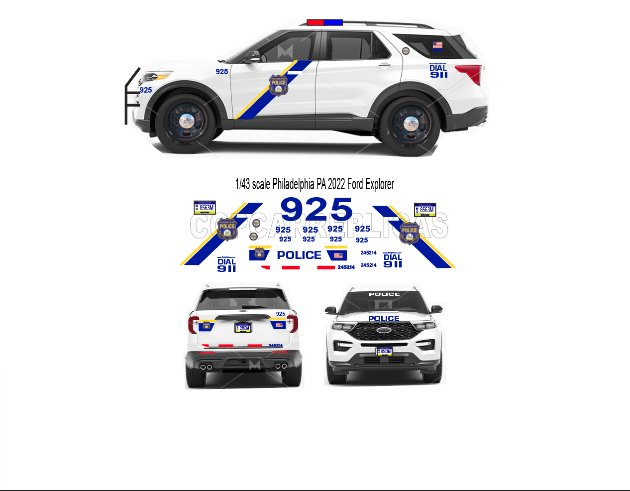 1/43 Scale Philadelphia PA Police Waterslide Decals To fit Motormax 2022 Ford Explorer