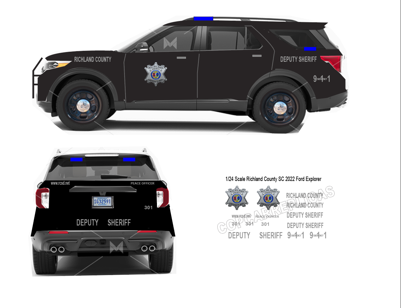 1/24 Scale Richland County SC Sheriff Waterslide Decals To Fit 2022 Motormax Ford Explorer