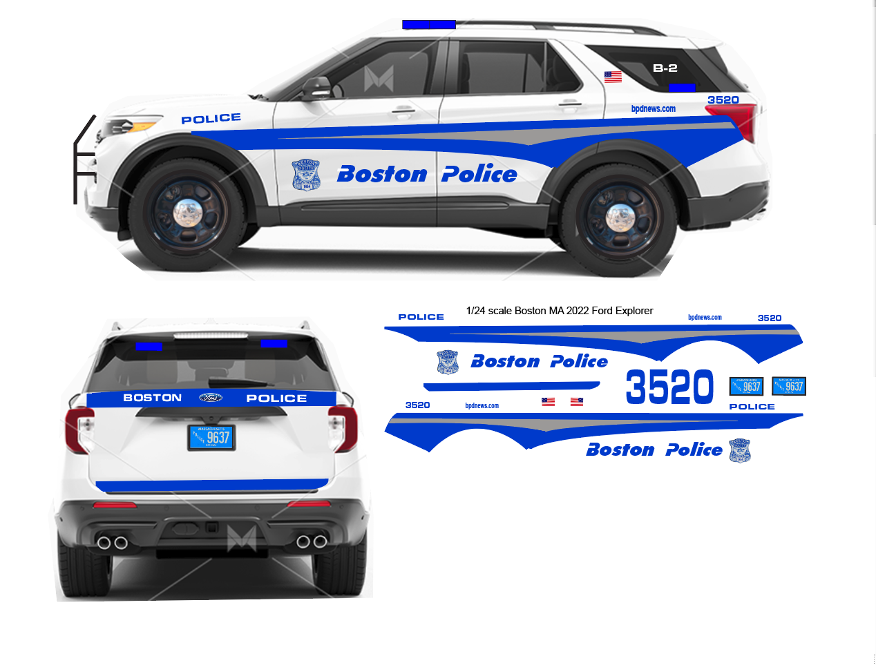 1/24 Scale Boston MA Police Waterslide Decals To Fit 2022 Motormax Ford Explorer