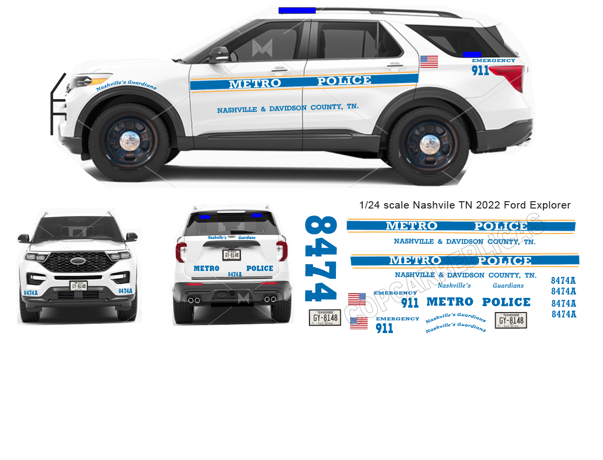 1/24 Scale Nashville TN Police Waterslide Decals To Fit 2022 Motormax Ford Explorer