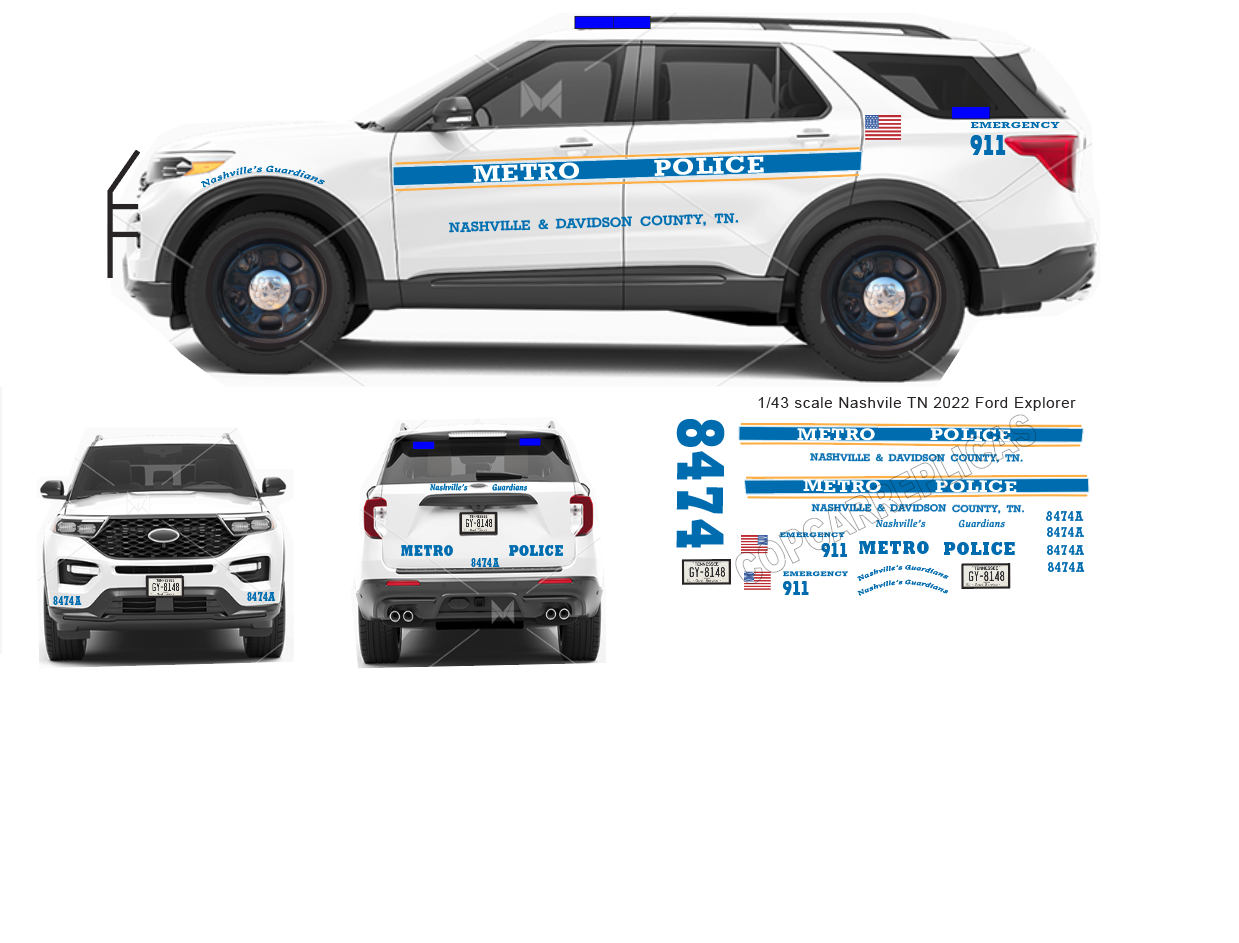 1/43 Scale Nashville TN Police Waterslide Decals To Fit 2022 Motormax Ford Explorer