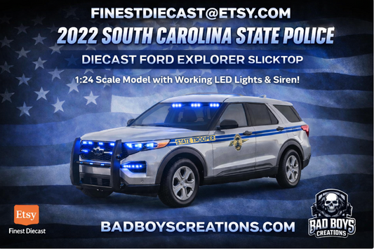 1/24 Scale 2022 South Carolina State Police Ford Explorer Diecast – Working LED Lights & Siren | Custom Police Model by Badboys Creations