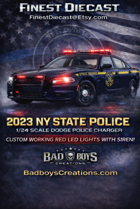 1/24 scale 2023 Dodge Charger New York State Police diecast model with working LED lights and siren, handmade custom police collectible by Badboys Creations