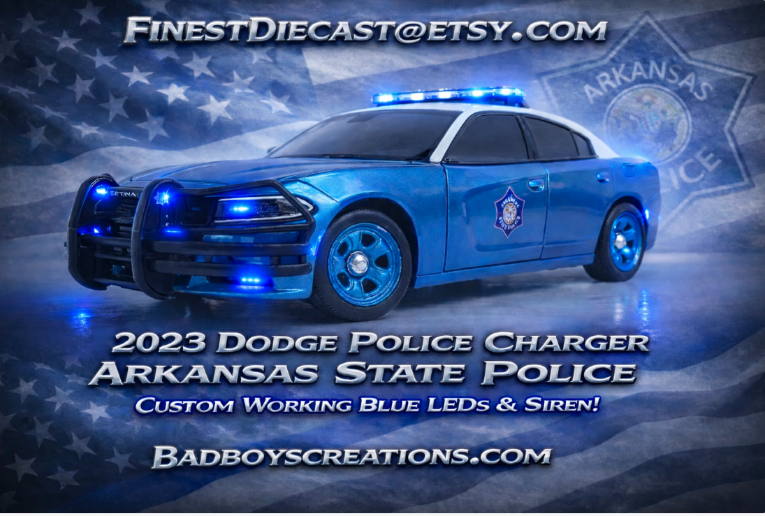 1/24 Scale 2023 Dodge Charger Arkansas State Police Diecast – Working LED Lights & Siren | Custom Police Model