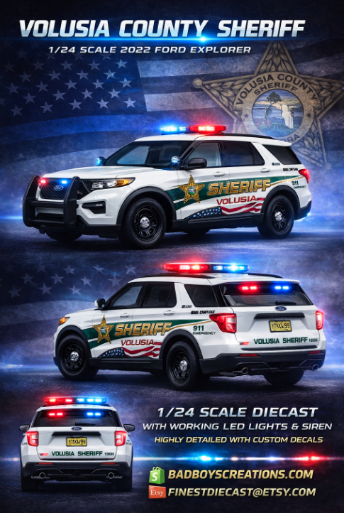 1/24 Scale 2022 Ford Explorer Volusia County Sheriff Florida Diecast Police SUV – Custom Working LED Lights & Siren | Handbuilt by Badboys Creations