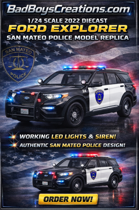 1/24 Scale 2022 Ford Explorer San Mateo California Police Diecast Model Car – Working LED Lights & Siren – Custom Made by Badboys Creations