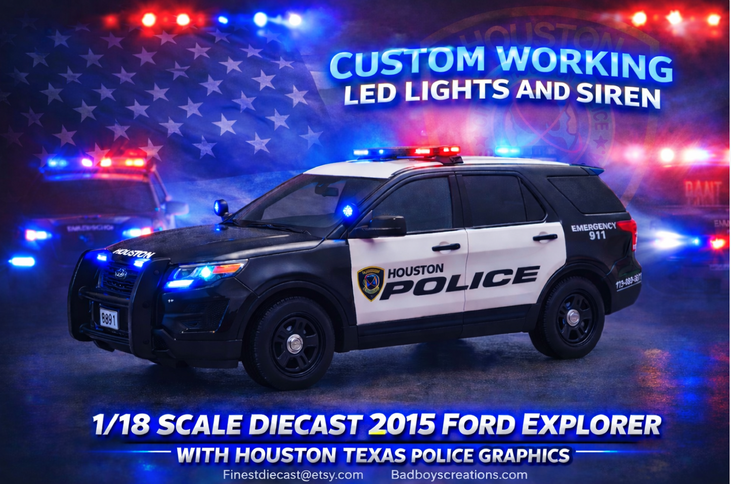 1/18 Scale 2015 Ford Explorer Houston Texas Police Diecast Model – Custom LED Lights & Siren | Hand-Built by Badboys Creations