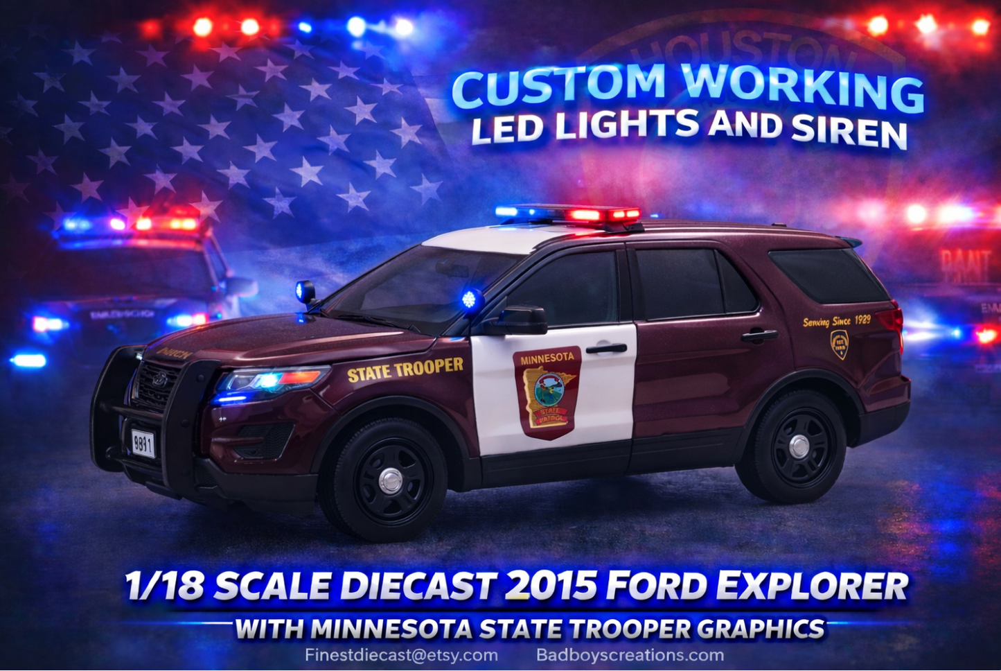 1/18 Scale 2015 Ford Explorer Minnesota State Police Diecast Model – Custom LED Lights & Siren | Hand-Built by Badboys Creations