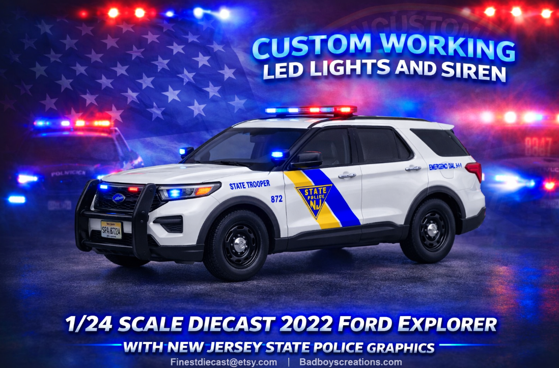 1/24 Scale 2022 Ford Explorer State Police Diecast Model Car – Working LED Lights & Siren – Custom Made by Badboys Creations