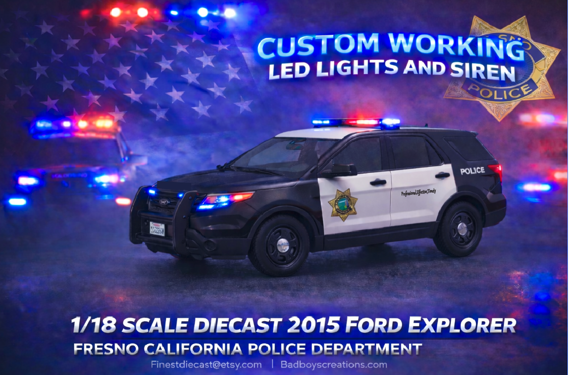1/18 Scale 2015 Ford Explorer Fresno CA Police Diecast Model – Custom LED Lights & Siren | Hand-Built by Badboys Creations
